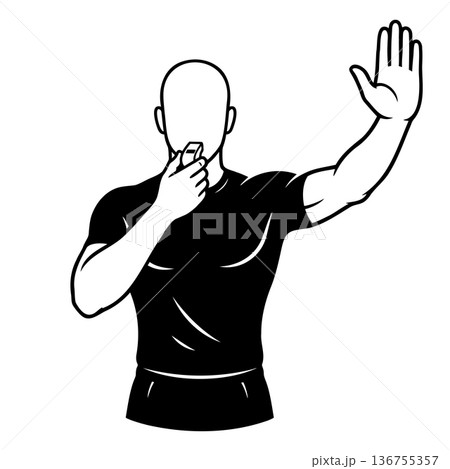 Referee Blowing Whistle and Making Stop Gesture. Black and White Line Art Vector Illustration of Coach or Lifeguard. 136755357