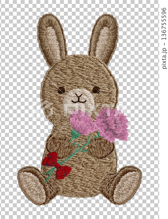 [Rabbit stuffed animal holding a carnation] Hand-embroidered illustration material 136755596
