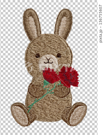 【カーネーションを持つウサギのぬいぐるみ】手刺繍イラスト素材 【カーネーションを持つウサギのぬいぐるみ】手刺繍イラスト素材 136755607