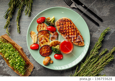 Grilled chicken breast with vegetables Grilled chicken breast with vegetables 136755628