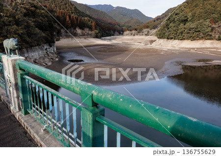 貯水量激減2月の十曽池、露出した池底の風景 136755629