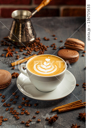 Latte with heart art and coffee beans Latte with heart art and coffee beans 136755638