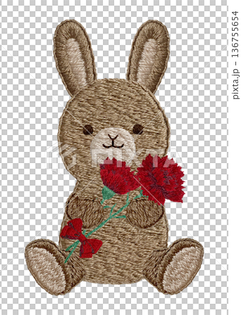[兔子毛絨玩具手捧康乃馨] 手工刺繡插畫材料 136755654