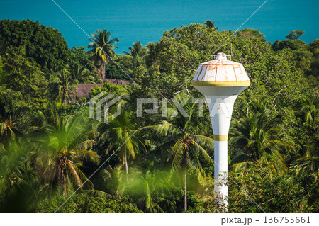 Water tower above tropical palm forest with turquoise sea in background, island utility infrastructure blending into lush coastal landscape under clear sky Water tower above tropical palm forest with turquoise sea in background, island utility infrastructure blending into lush coastal landscape under clear sky 136755661