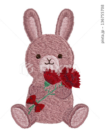 【カーネーションを持つウサギのぬいぐるみ】手刺繍イラスト素材 136755708