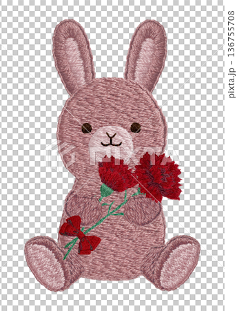 【カーネーションを持つウサギのぬいぐるみ】手刺繍イラスト素材 136755708