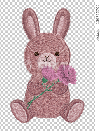 [兔子毛絨玩具手捧康乃馨] 手工刺繡插畫材料 136755709