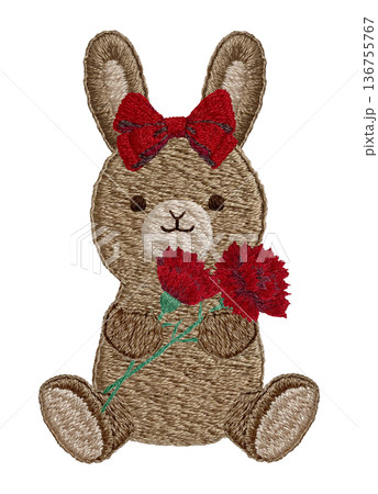【カーネーションを持つウサギのぬいぐるみ】手刺繍イラスト素材 136755767