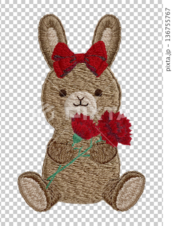 【カーネーションを持つウサギのぬいぐるみ】手刺繍イラスト素材 136755767