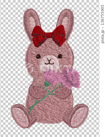 [Rabbit stuffed animal holding a carnation] Hand-embroidered illustration material 136755905