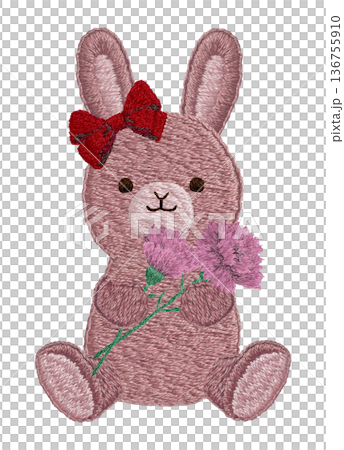 [Rabbit stuffed animal holding a carnation] Hand-embroidered illustration material 136755910