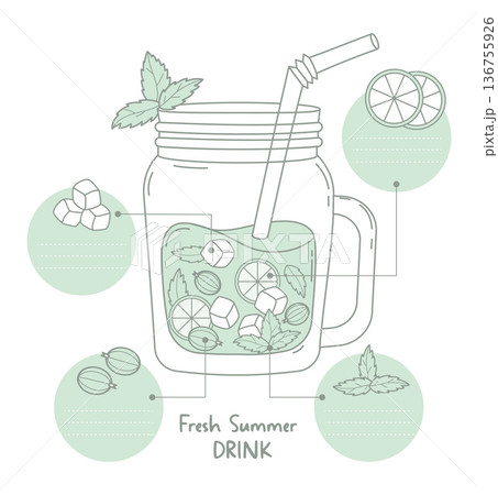 Fresh Summer Berry Fruit Drink Recipe Infographic in Mason Jar with Ingredients. Refreshing purple beverage with Currant Berries, Ice and Mint with Straw. Vector Illustration. Minimalistic Drawing 136755926