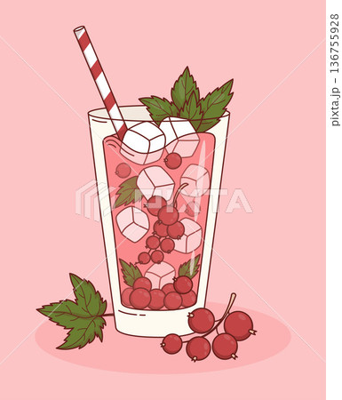 Red Currant Lemonade in Highball Glass with Ice Cubes and Mint Leaves. Fresh Summer Berry Cocktail Vector Illustration. Red Currant Lemonade in Highball Glass with Ice Cubes and Mint Leaves. Fresh Summer Berry Cocktail Vector Illustration. 136755928