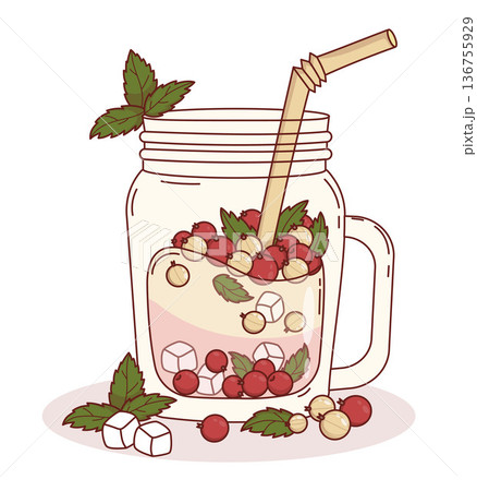 Layered Red and White Currant Smoothie in Mason Jar. Summer Healthy Vegan Berry Detox Drink with Berries, Mint, Eco Straw and Ice Cubes. Vector Illustration Layered Red and White Currant Smoothie in Mason Jar. Summer Healthy Vegan Berry Detox Drink with Berries, Mint, Eco Straw and Ice Cubes. Vector Illustration 136755929