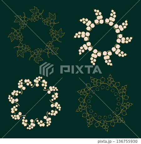 Golden Berry Currant Green Round Wreaths set. Line Art luxury Botanical Circle Frame with Branch Berries and Leaves with Empty Copy Space. Isolated Vector illustration Golden Berry Currant Green Round Wreaths set. Line Art luxury Botanical Circle Frame with Branch Berries and Leaves with Empty Copy Space. Isolated Vector illustration 136755930