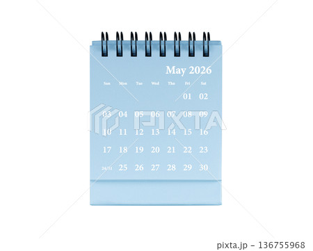 Desktop calendar for May 2026 in blue colour. Mini planner for business and finance, spiral view on isolated white background 136755968