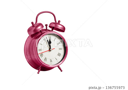 retro clock, pointer clock, red color alarm clock on isolated white background retro clock, pointer clock, red color alarm clock on isolated white background 136755973