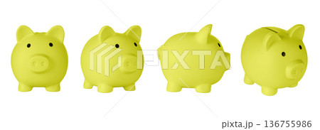 Set Piggy bank pig Yellow color on isolated white background Set Piggy bank pig Yellow color on isolated white background 136755986