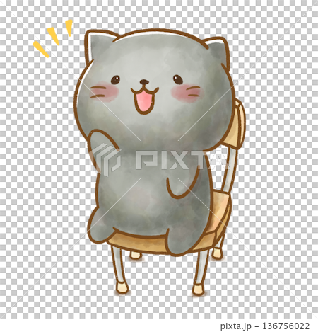 一隻黑貓坐在椅子上，愉快地回應。晨會和考勤。兒童教育素材。可愛的水彩素材，透明背景。 136756022