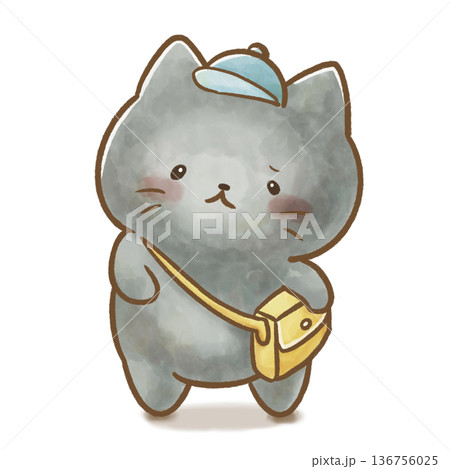 水彩 黒猫の園生活イラスト 登園をいやがるねこ 136756025