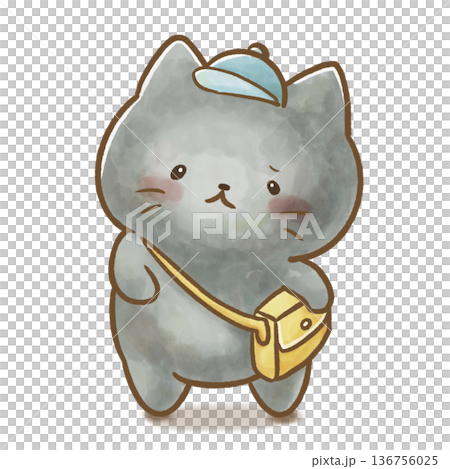 水彩 黒猫の園生活イラスト 登園をいやがるねこ 136756025