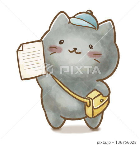水彩 黒猫の園生活イラスト おたよりを提出するねこ 136756028