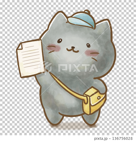水彩 黒猫の園生活イラスト おたよりを提出するねこ 136756028