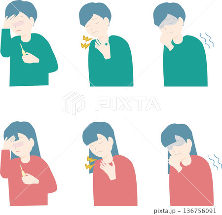 熱や寒気、喉の痛みがある体調不良の男性と女性のイラストセット 136756091
