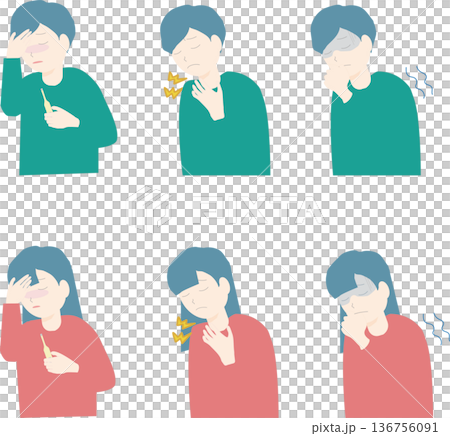 熱や寒気、喉の痛みがある体調不良の男性と女性のイラストセット 136756091