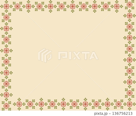 Floral cross stitch border pixel art for greeting cards, invitations, and digital scrapbooking frames. Floral cross stitch border pixel art for greeting cards, invitations, and digital scrapbooking frames. 136756213
