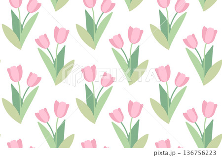 Seamless pattern with pink tulips. Spring and summer design with delicate flowers. Green plant motif is perfect for fabric, cards, and typography. 136756223