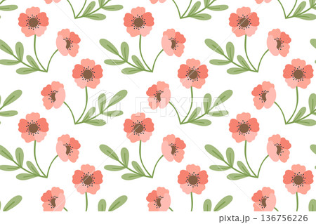 Seamless pattern with red flowers and green leaves. Spring and summer design with vibrant colors. Green botanical motif is perfect for fabric, cards, and typography. 136756226