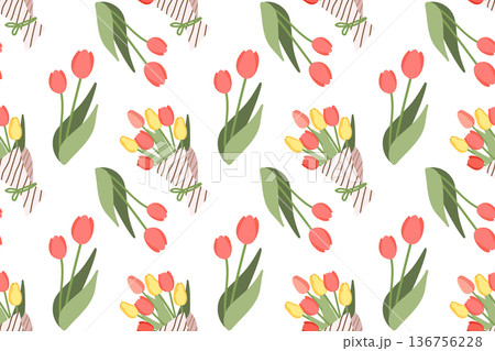 Seamless pattern with red tulips and a bouquet. Spring and summer design with vibrant flowers. Green plant motif is perfect for fabric, cards, and typography. 136756228