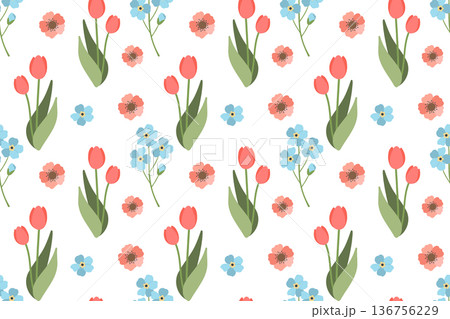 Seamless pattern with blue flowers and red tulips. Spring and summer design with delicate forget-me-nots. Green plant motif is suitable for fabric, greeting cards, and typography. 136756229
