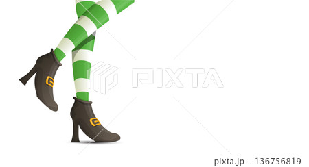 Leprechaun girl legs in green striped stockings and buckled boots, St. Patricks Day horizontal banner with copy space on white background. leprechaun elf s legs wearing green and white striped tights Leprechaun girl legs in green striped stockings and buckled boots, St. Patricks Day horizontal banner with copy space on white background. leprechaun elf s legs wearing green and white striped tights 136756819