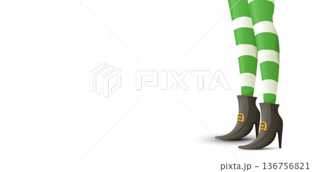 Leprechaun girl legs in green striped stockings and buckled boots, St. Patricks Day horizontal banner with copy space on white background. leprechaun elf s legs wearing green and white striped tights 136756821
