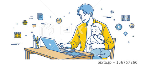 赤ちゃんを抱きながら在宅勤務をする父親のイラスト 136757260