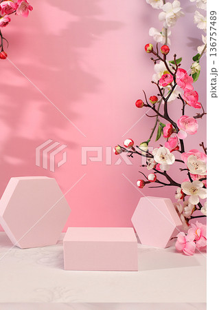 Beautiful spring stand and template for your creativity on a colorful background with pink sakura flowers for design, Abstract composition for displaying cosmetic products 136757489