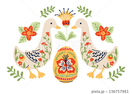 Folk easter composition with goose and decorated egg in floral ornament style. Traditional spring illustration with symmetry and holiday celebration concept 136757981