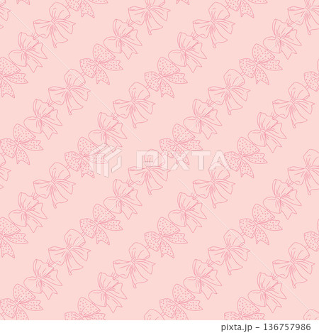 Seamless pattern with hand drawn bow in pink outline on soft background. Romantic ornament for wrapping paper textile and fabric design concept 136757986