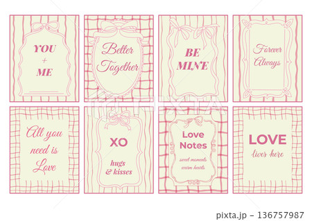 Set of romantic posters with hand drawn bow and love quote in pink outline on light background. Valentine card collection with typography and frame design concept 136757987