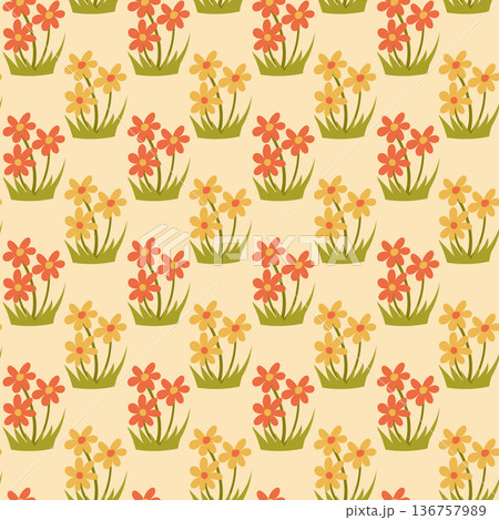 Seamless pattern with spring flower and grass in flat style on beige background. Floral ornament for textile wrapping paper and fabric design concept Seamless pattern with spring flower and grass in flat style on beige background. Floral ornament for textile wrapping paper and fabric design concept 136757989