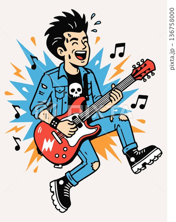Cartoon illustration of a rock guitarist playing an electric guitar. 136758000