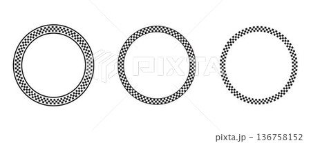Set of round frames with black and white chequered borders print. Vignettes for picture or photo with rally flag or chess board pattern. Circular geometric frameworks. Vector graphic illistration 136758152