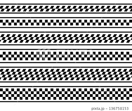 Set of borders with checkered texture. Tapes with race flag, chess board, taxi or police print. Ribbons with repeated black and white squares. Vector graphic illustration 136758153