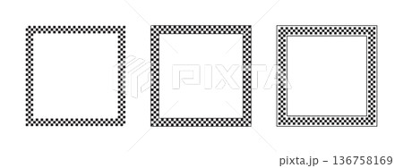 Set of square frames with checkered print isolated on white background. Quadrangular vignettes with black and white checkerboard, rally flag or chess game plane pattern. Vector graphic illistration 136758169