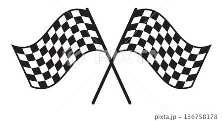 Set of two waving crossed race flags with checkered black and white print. Start or finish signal on sport car competitions. Rally, karting or motocross props. Vector graphic illustration 136758178
