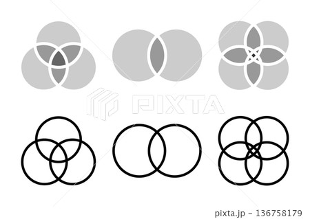 Set of Venn diagrams with 2, 3 and 4 intersected circles isolated on white background. Templates for statistics chart, presentation, analytics schema or infographic layout. Vecor graphic illustration Set of Venn diagrams with 2, 3 and 4 intersected circles isolated on white background. Templates for statistics chart, presentation, analytics schema or infographic layout. Vecor graphic illustration 136758179
