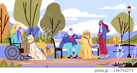 Active seniors with dogs in park autumn landscape elderly man and woman socializing wheelchair bench trees outdoor leisure activity colorful background 136758273