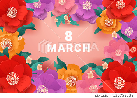 8 March womens day floral frame colorful flowers pink background decorative leaves celebration holiday greeting card 136758338